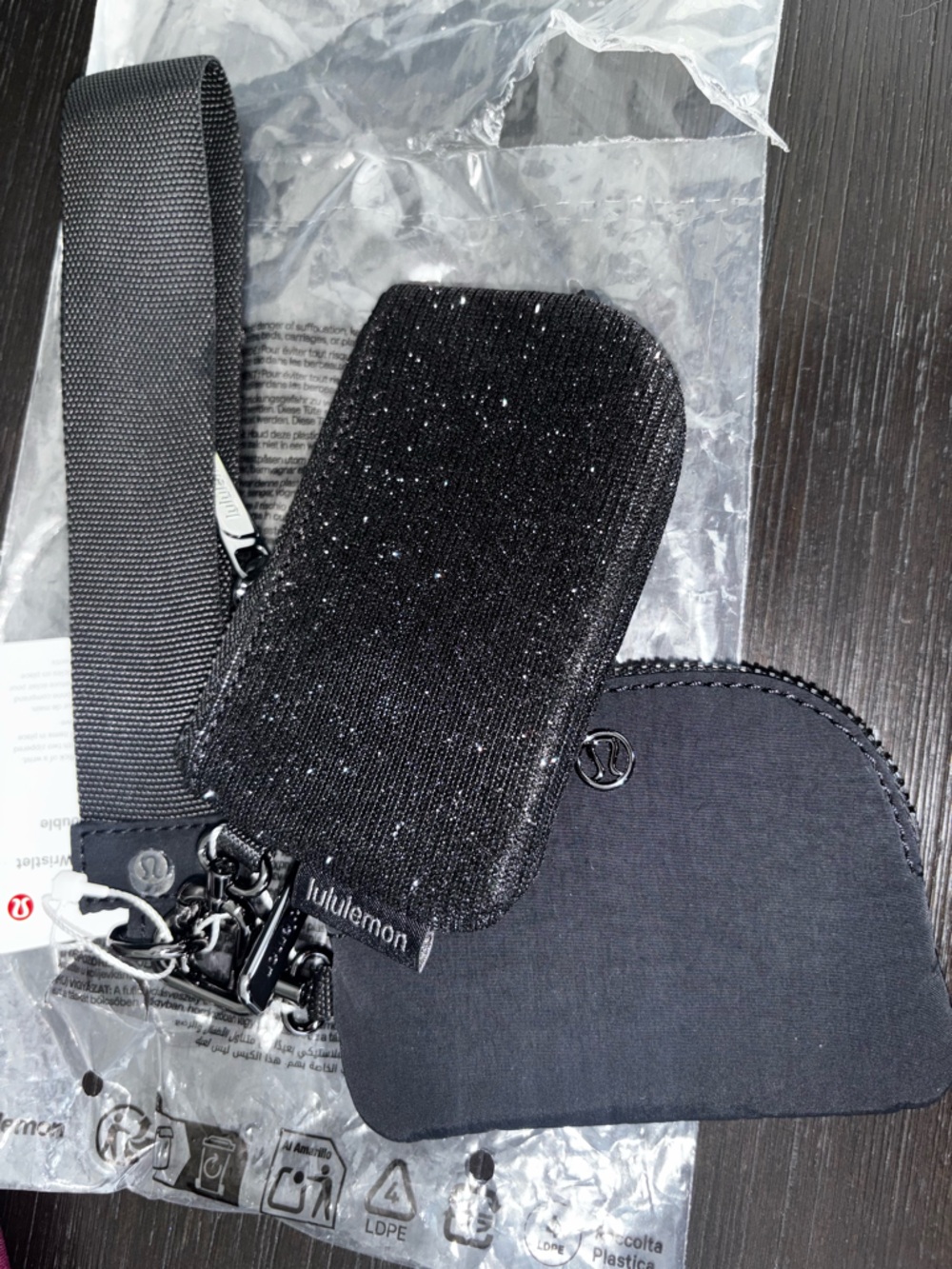 Lululemon Dual Pouch wristlet-black/sparkle/gunmetal